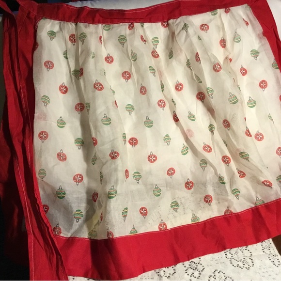 🎄Christmas Holiday Waist Apron~Sheer Ornament Material wRed Band & Border - Picture 2 of 5